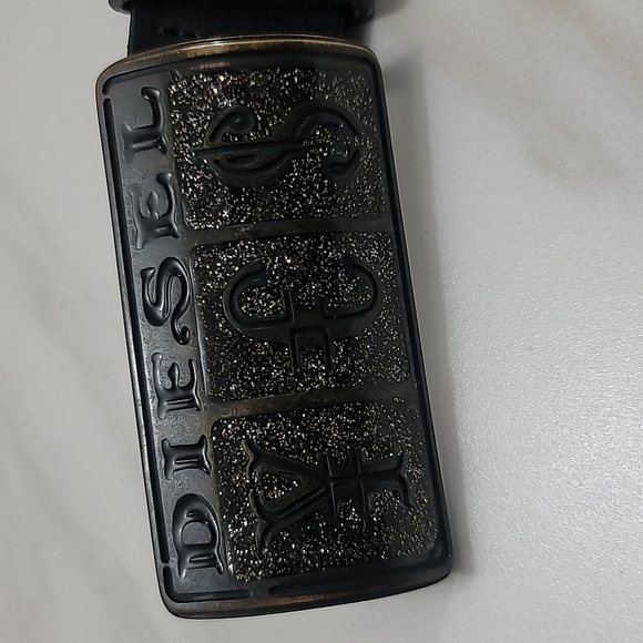 DIESEL 34 Vintage Y2K Black Leather Unisex Edgy Rocker Goth Silver Belt Buckle - Picture 3 of 16